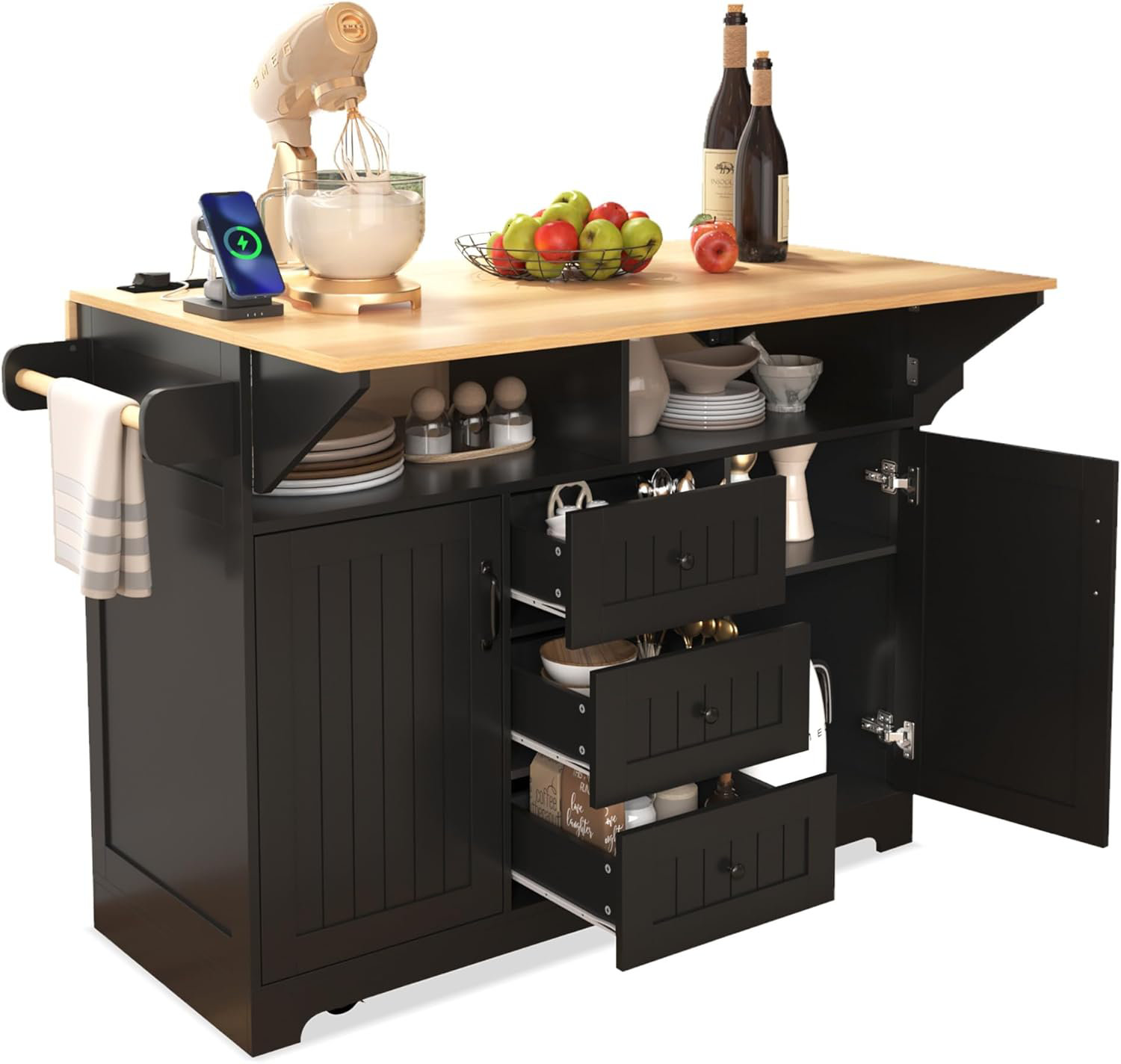 Latitude Run® Kitchen Island on Wheels with Drop Leaf, Rolling Cart ...