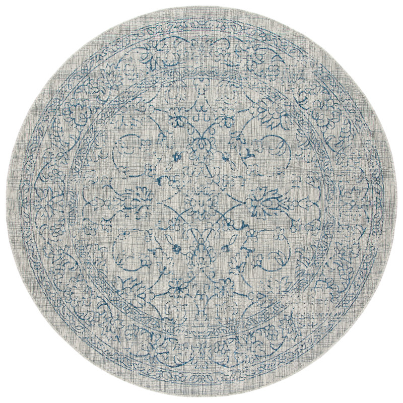 Bismark Performance Oriental Indoor/Outdoor Area Rug, Gray/Navy, Round 4'