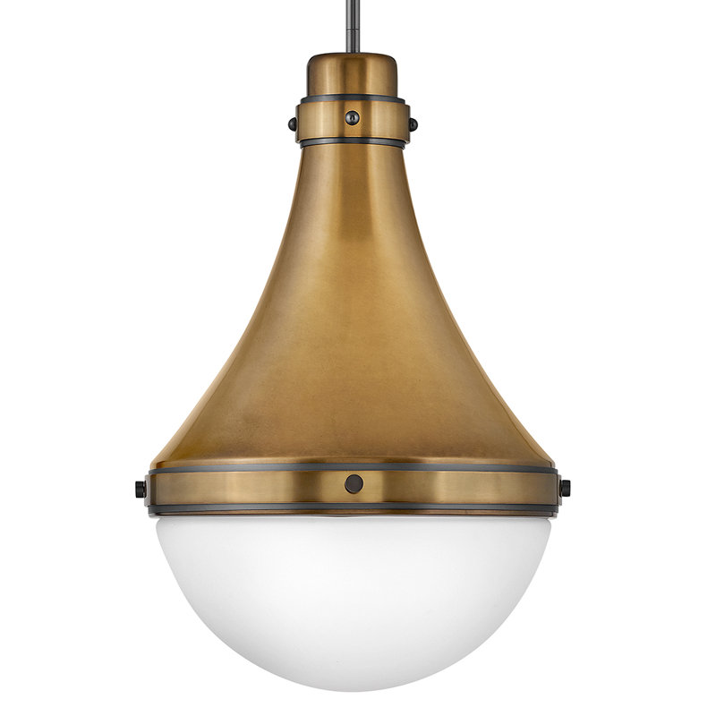 Oliver Adjustable Pendant Light w/ Etched Opal Glass, Heritage Brass, 21.25" H x 14.25" W x 14.25" D