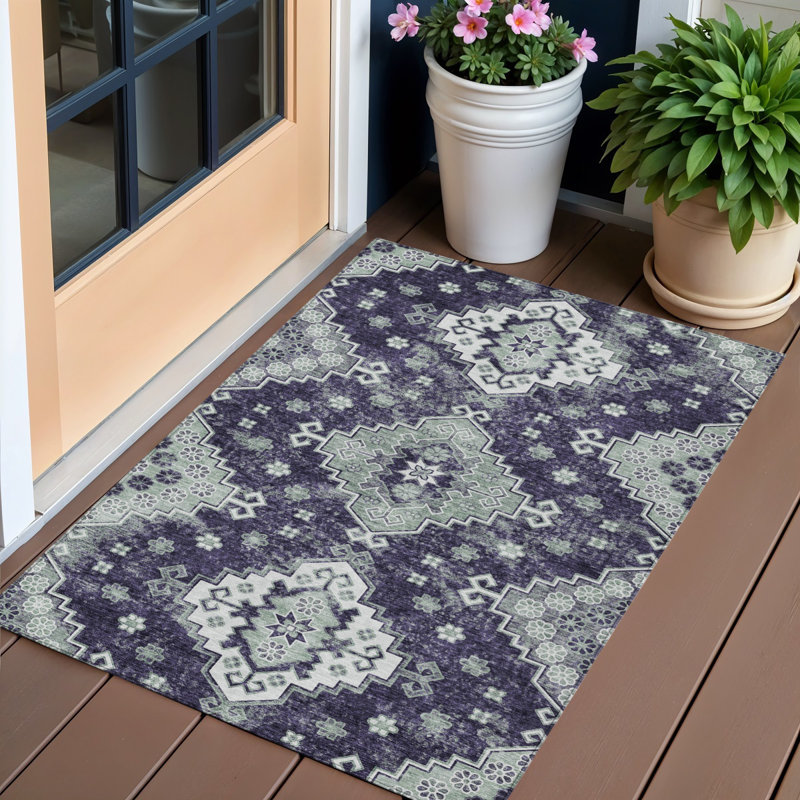 Tapis intérieur lavable à médaillon sauge 3 pi x 5 pi