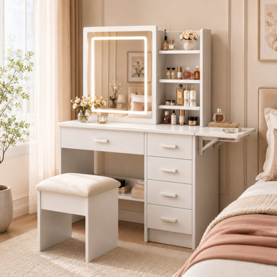 43" W Makeup Vanity Set with Lighted Mirror and Stool, White