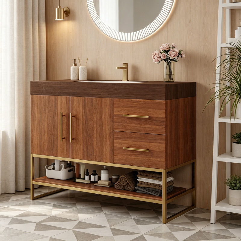 Meuble-lavabo avec lavabo, 2 tiroirs et pieds en métal, Noyer