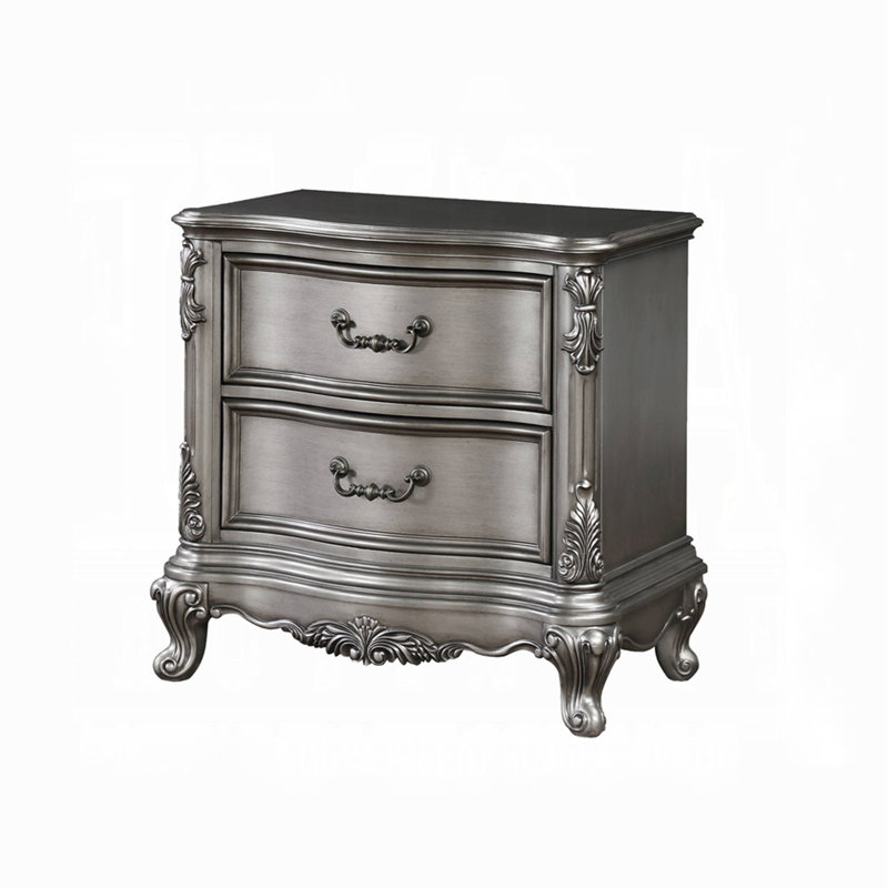 Table de chevet en bois avec 2 tiroirs au fini platine antique