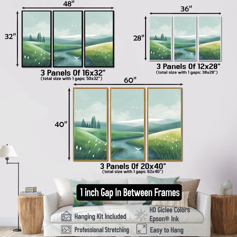 «Green Grey Pond Meadows In Tuscany I», ensemble d'art mural de ferme, H 28 po x l 36 po x P 1 po