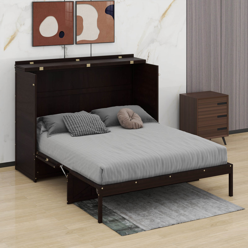 Grand lit escamotable avec tiroirs de rangement et station de charge USB, armoire murale avec prises, Espresso brossé