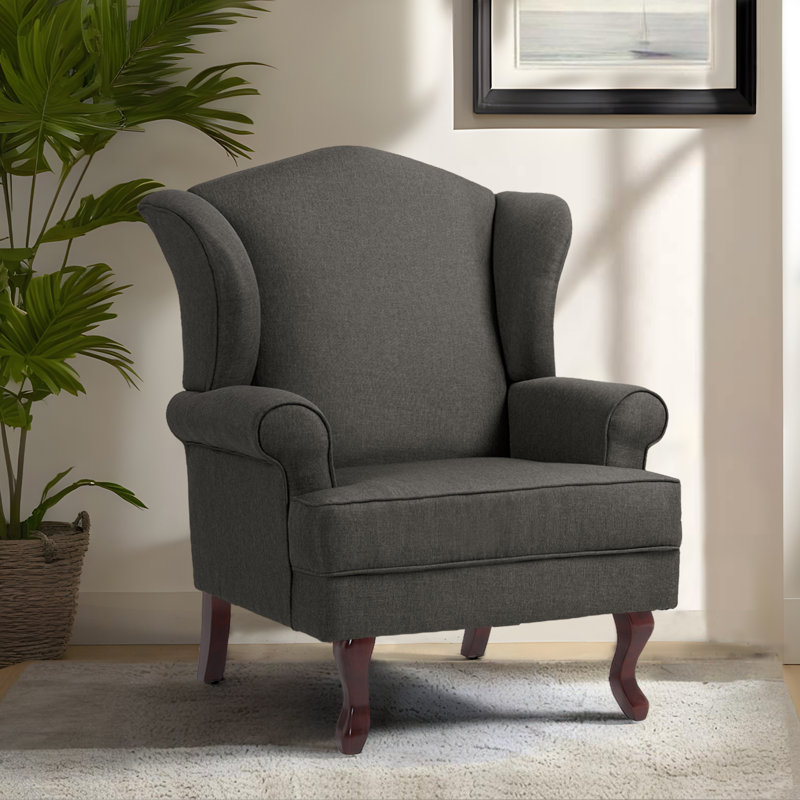 Duward Dark Gray Linen Upholstered Wingback Accent Chair with Rolled Arm and Solid Wood Leg, Dark Gray Linen