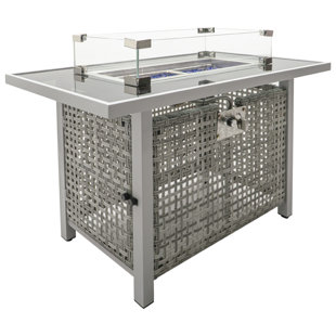 Roomfitters 43" Propane Fire Pit Table, 60,000 BTU Rectangular Wicker Fire Pit with Glass Wind Guard for Patio, Grey