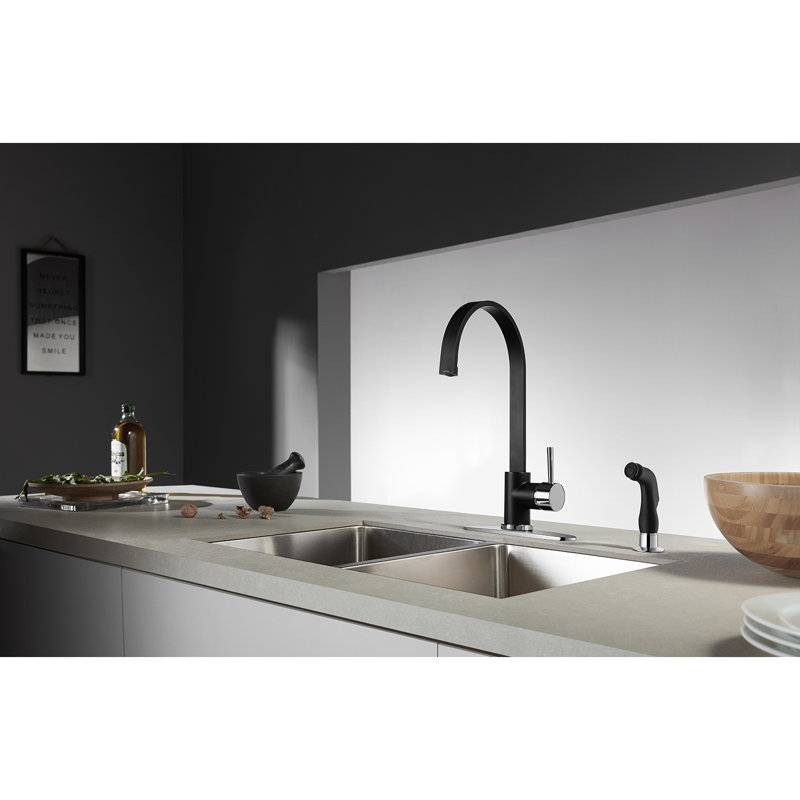 Kingston Brass Concord Single-Handle 2-Hole Deck Mount Kitchen Faucet with Side Sprayer, Black/Chrome