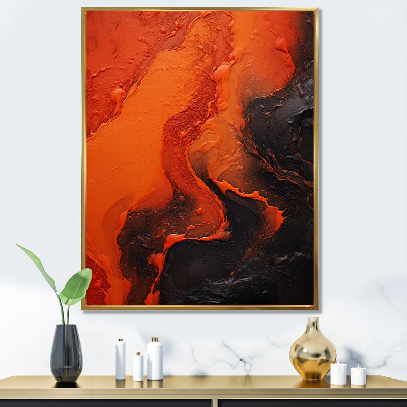 Volcanic Tachisme Fusion 1 - Tachisme, art mural, Cadre flottant doré, H 40 po x l 30 po x P 1,5 po