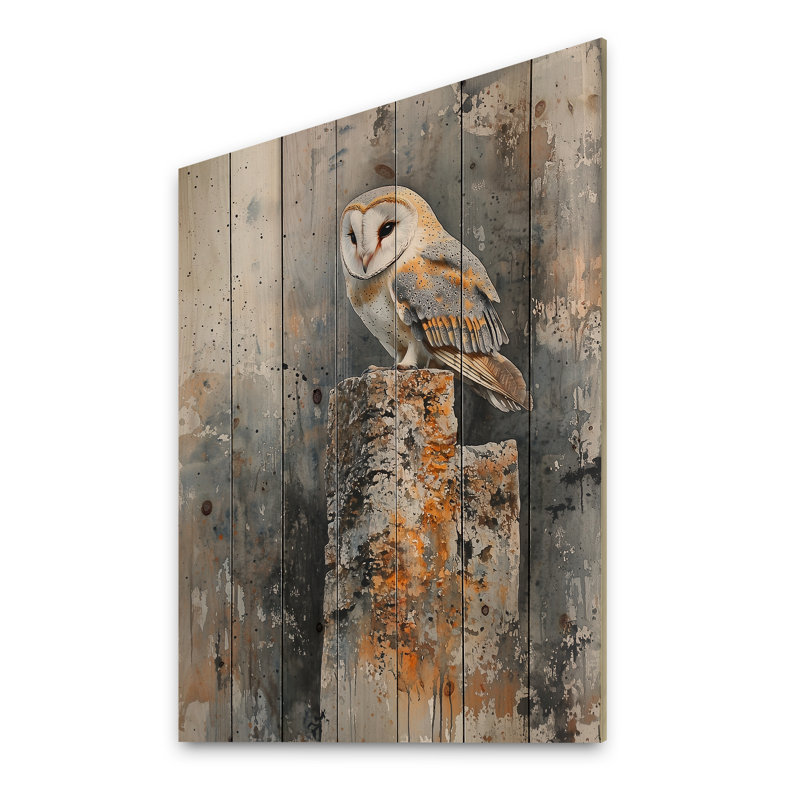 Chouette effraie au crépuscule I - décoration murale animal en bois de hibou - sur bois de pin naturel