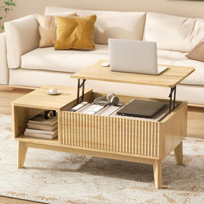 Rhythm  Lift Top Coffee Table with Storage, Living Room Wood Coffee Table, Modern Fluted Design, 16.22'' H X 37.4'' W X 18.9'' D, Natural
