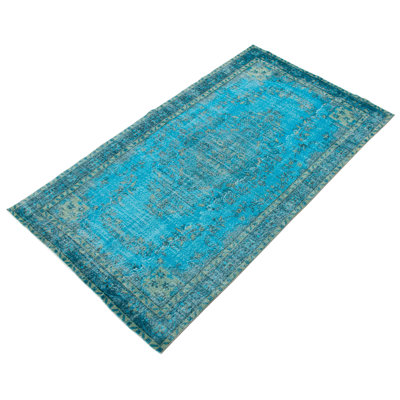 Tapis turquoise unique en laine noué à la main de style années 2000 de 5 pi 6 po x 9 pi 7 po