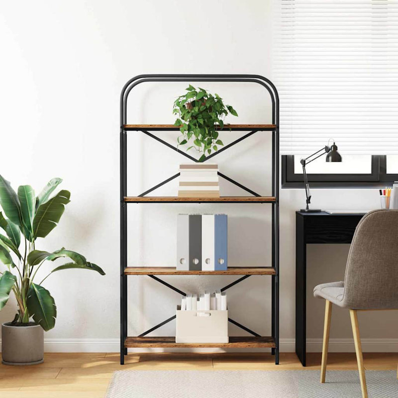 Steel Bookcase, Old Wood, (4 Shelves) 146cmH x 80cmW x 30cmD