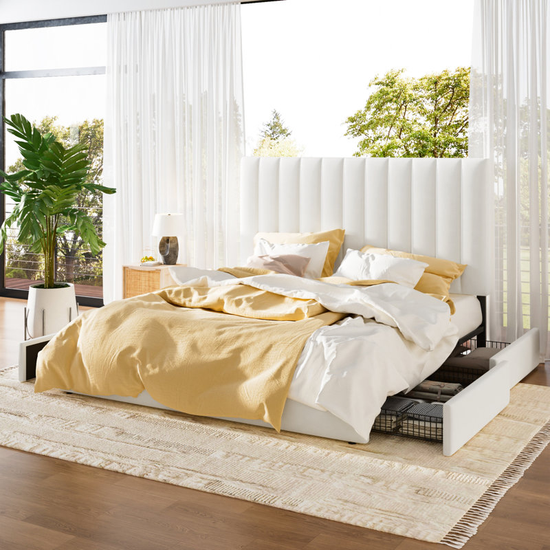 4-Drawer Velvet Upholstered Storage Platform Bed with Adjustable Headboard, Full, White