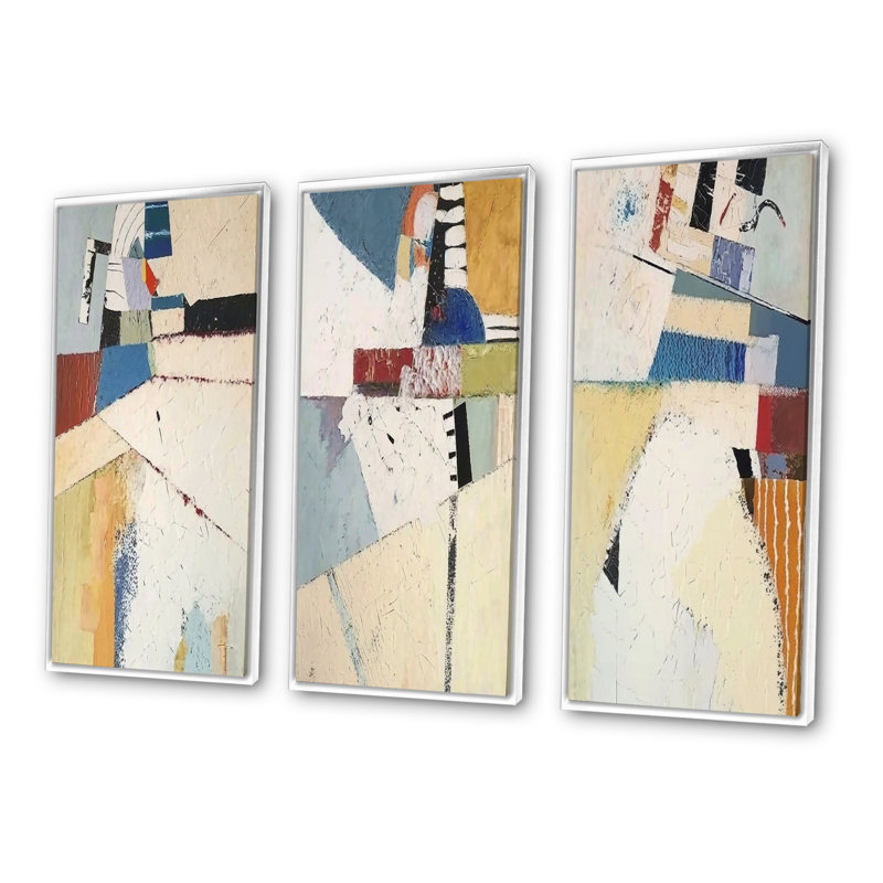 Reappearance Of Memories Retro Collage - Abstract Art Set Of 3 Pieces, H 20 po x l 36 po, Cadre blanc