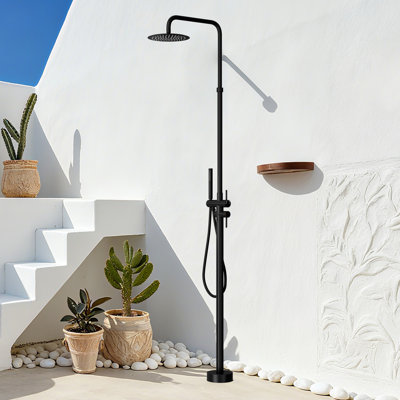 86"H 304 Stainless Steel Freestanding Outdoor Shower with Rainfall Shower Head with Handheld Shower with Temperature Control