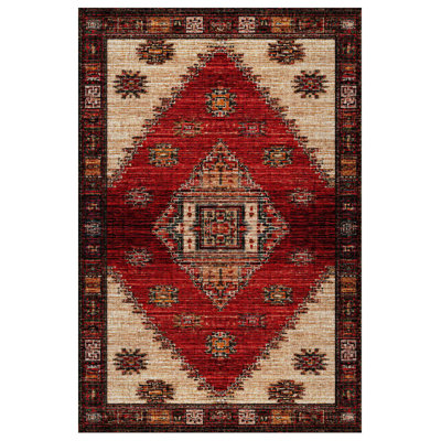 Strawbridge Red Beige Brown Moroccan Machine Printed Cotton Polyester Area Rug