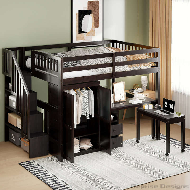 Bureau et garde-robe - Lit mezzanine multifonctionnel peu encombrant, Lit double, Espresso