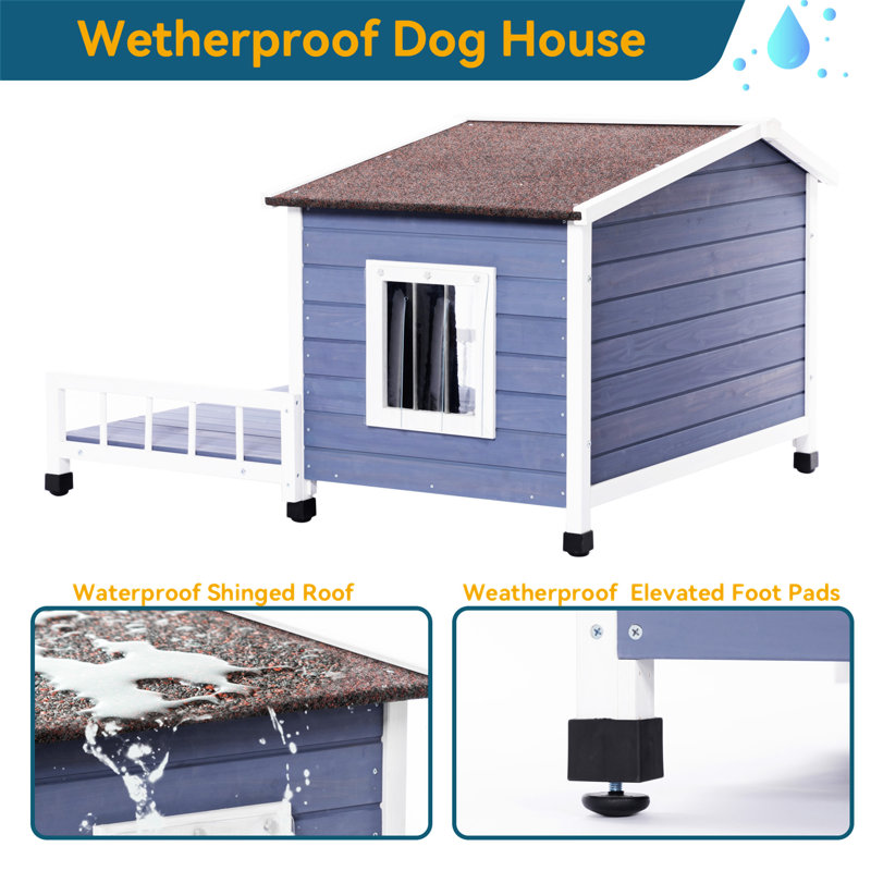 Large Blue and White Wooden Dog House with Terrace
