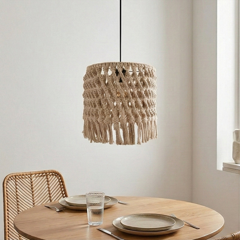 Lustre tambour Macrame - lustre réglable 1 lumière Boho pour chambre à coucher et entrée