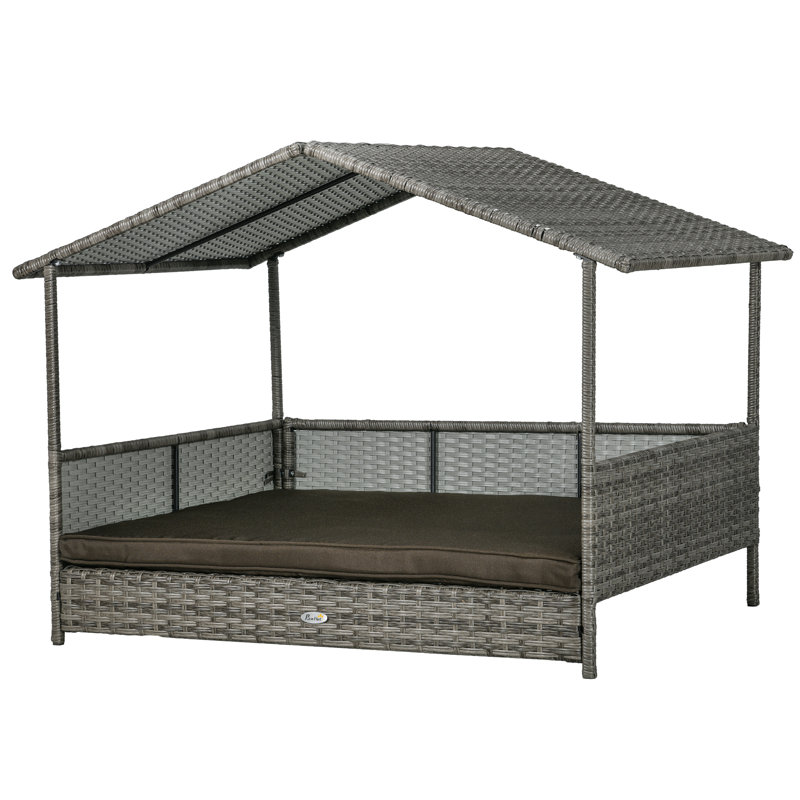 Lit pour chien d'extérieur avec auvent, lit pour chien en rotin avec housse amovible à coussin souple pour chiens de taille moyenne et grande, gris anthracite