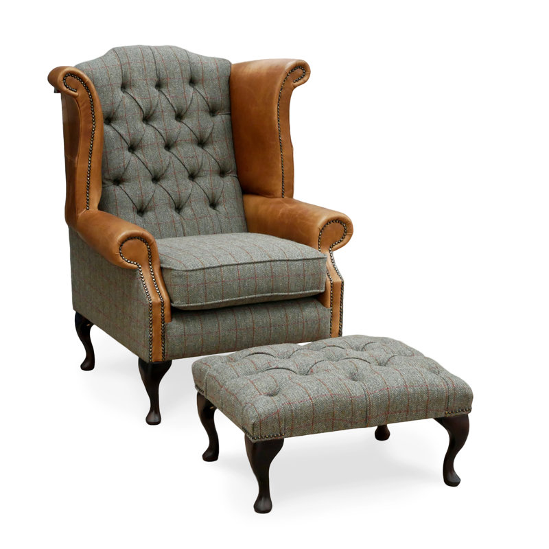 Harrisonville Upholstered Wingback Chair with Footstool, Green/Brown