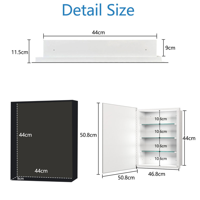 40.6mm W 50.8mm H Frameless Medicine Cabinet Mirror 3 Fixed