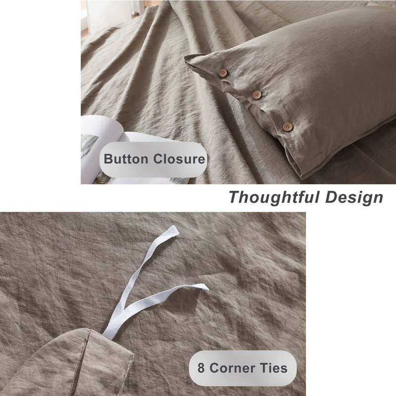 TOSMO 100% Linen Duvet Cover Set with Button Closure,Soft Breathable Durable Farmhouse Bedding, Taupe
