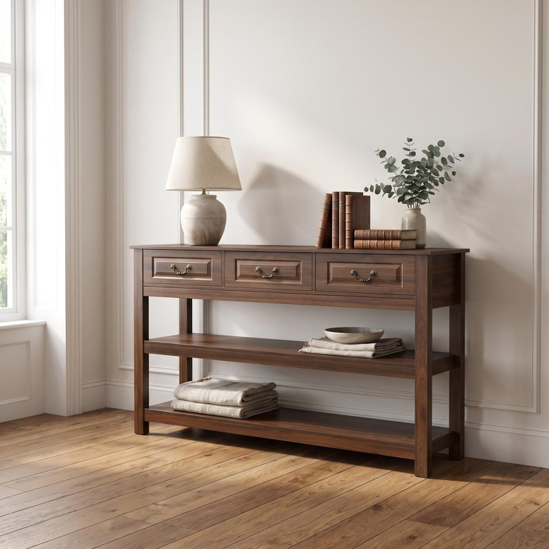 Console 63 po en bois avec 3 tiroirs et 2 tablettes ouvertes