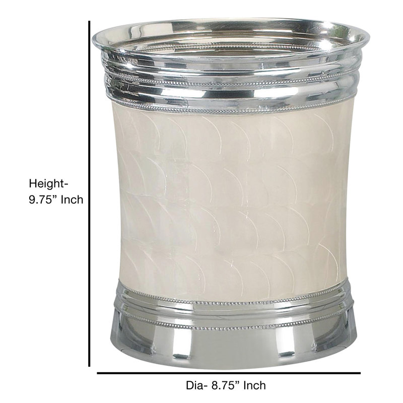 Polished Silver and Enamel Round Bathroom Wastebasket