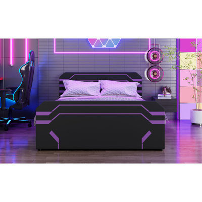 Grand lit de jeu rembourré avec système de rangement hydraulique à levage latéral, lit plateforme de style Cyberpunk avec motif futuriste pour les joueurs et la génération Z, noir et mauve