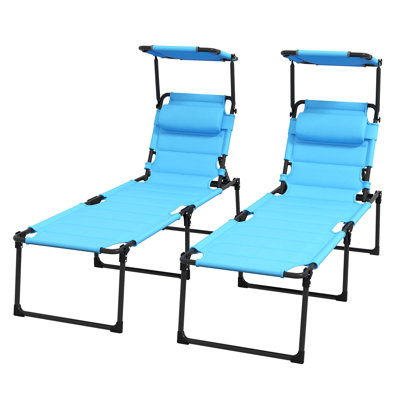 Outsunny Outdoor Lounge Chair, Adjustable Backrest Folding Chaise Lounge, Cushioned Tanning Chair W/Sunshade Roof & Pillow Headrest For Beach, Camping, Hiking