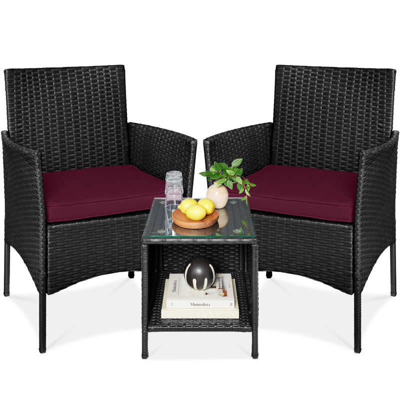  3-Piece Outdoor Wicker Conversation Patio Bistro Set, W/ 2 Chairs, Table, Deep Burgundy, Black