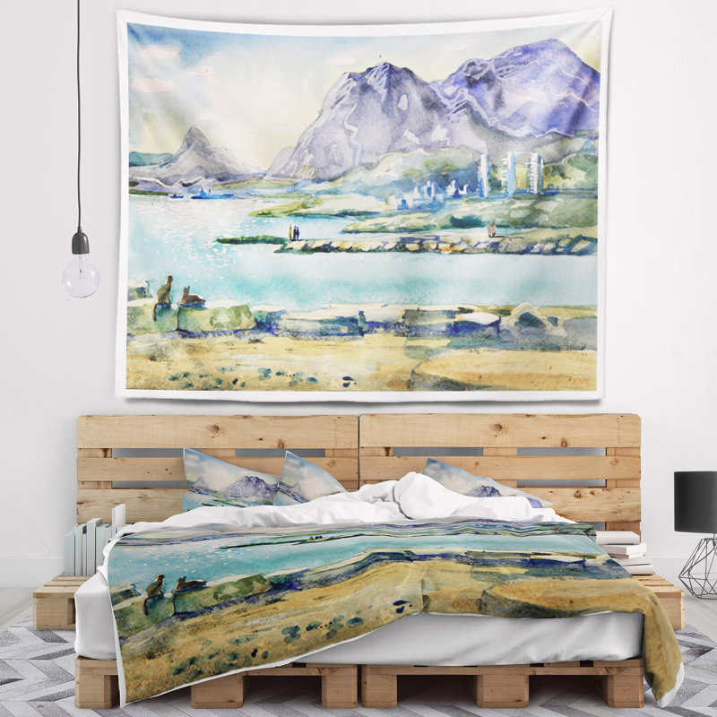 Paysage aquarelle blue hills tapisserie, H 32 po x l 39 po