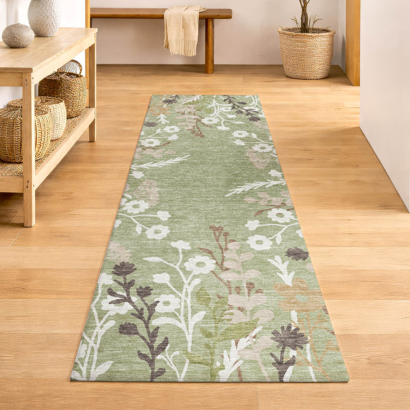 Tapis floral lavable à la machine de qualité supérieure Mayfield AMF2334, Aloe, 2'3" x 7'6" Runner