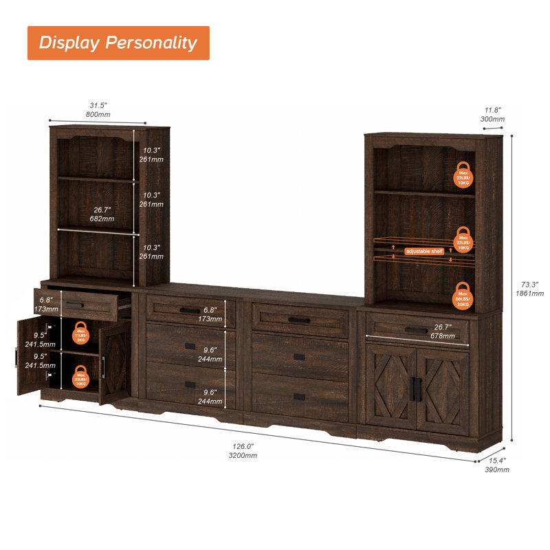 Extra-Large Entertainment Center With Tall Storage Bookcases, 4-In-1 Farmhouse TV Stand With 6 Drawers And Barn Door Cabinets, Media Console For Tvs Up To 70", For Living Room, Bedroom