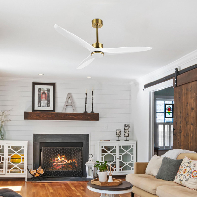 Ventilateur de plafond à 3 pales en bois massif avec télécommande Wivenhoe, 60 po de largeur, Or avec pales blanches, Yes