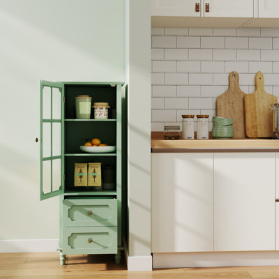 Mint Green Vintage Tall Storage Cabinet, Minimalist Wooden Sideboard Cupboard with Tempered Glass Door & 2 Slide Drawers, Roman Solid Wood Leg Display Cabinet for Living Room Dining Room Entryway Hallway