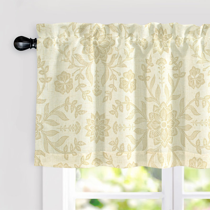 Ivory Beige Linen Blend Floral Blackout Window Valance, 52'' Wide