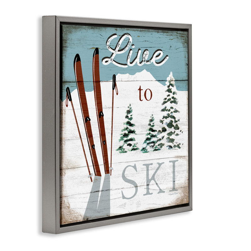 «Live To Ski», art mural encadré flottant par Elizabeth Tyndall, H 18 po x l 18 po, Cadre flottant gris lustré