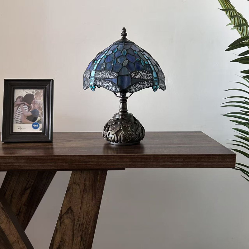 Mini lampe de table Tiffany Simonetti avec libellule en verre coloré à base de libellule bleue l 10 po x P 10 po x H 14 po *