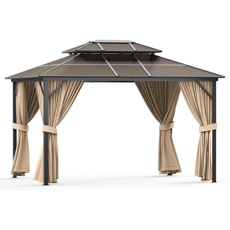 10x13FT Hardtop Aluminum Pergola Gazebo – Double Polycarbonate Roof – Heavy Duty Metal Frame – Mesh Netting, Curtains, All-Weather Outdoor Pavilion for Patio, Garden, Poolside – Khaki