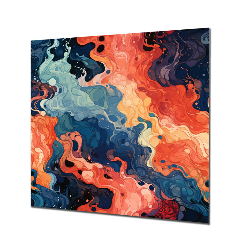 Encre liquide bleue et orange, «I», art mural abstrait à l'encre liquide, H 29 po x l 29 po
