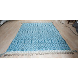 Blue Hand-Knotted Wool Diamond Trellis Geometric Modern Contemporary Carpet Rug
