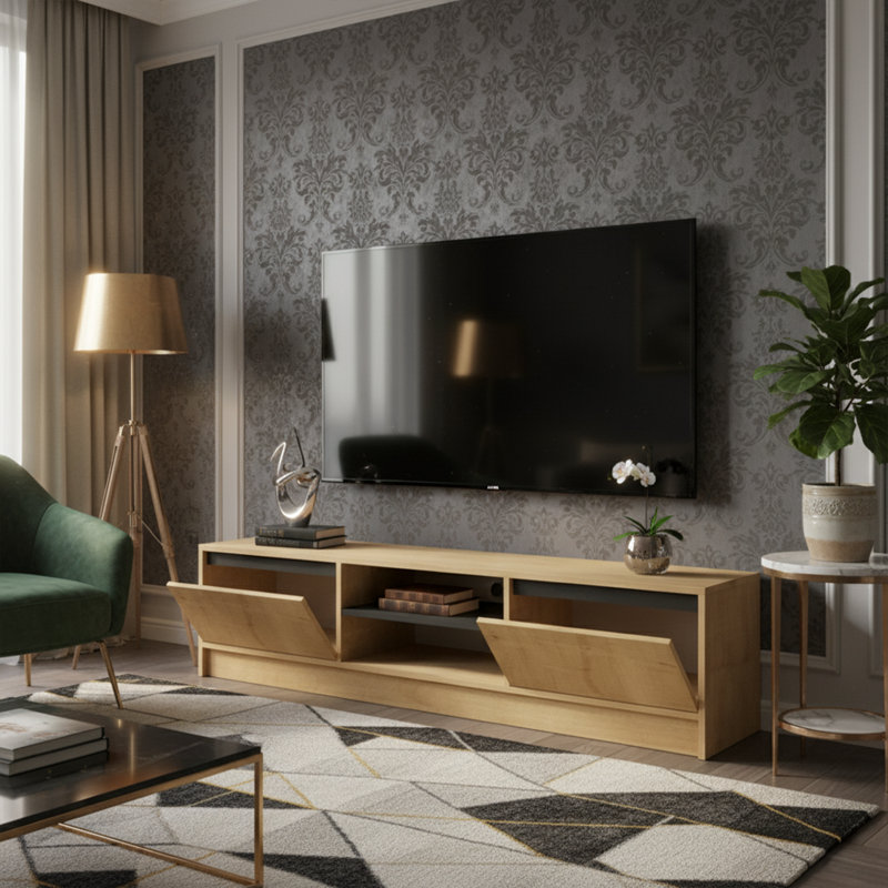 Stylish TV Stand, Sapphire & Oak with Anthracite Accents, 70.9 x 17.7 x 15.7 inches | 100% Melamine Coated Particle Board, Thickness: 0.7 inches | Durable Plastic Legs | Ideal for Modern Living Rooms & Entertainment Spaces