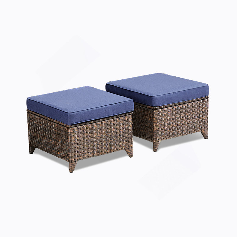 Ensemble de 2 repose-pieds d'extérieur en osier PE avec coussins bleus pour la cour ou la terrasse