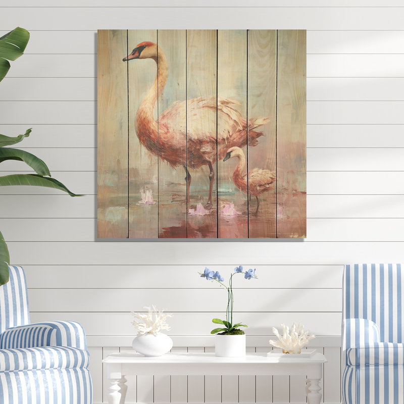 Beauté de cygne rose en fleurs - imprimé cygnes sur bois, H 36 po x l 36 po