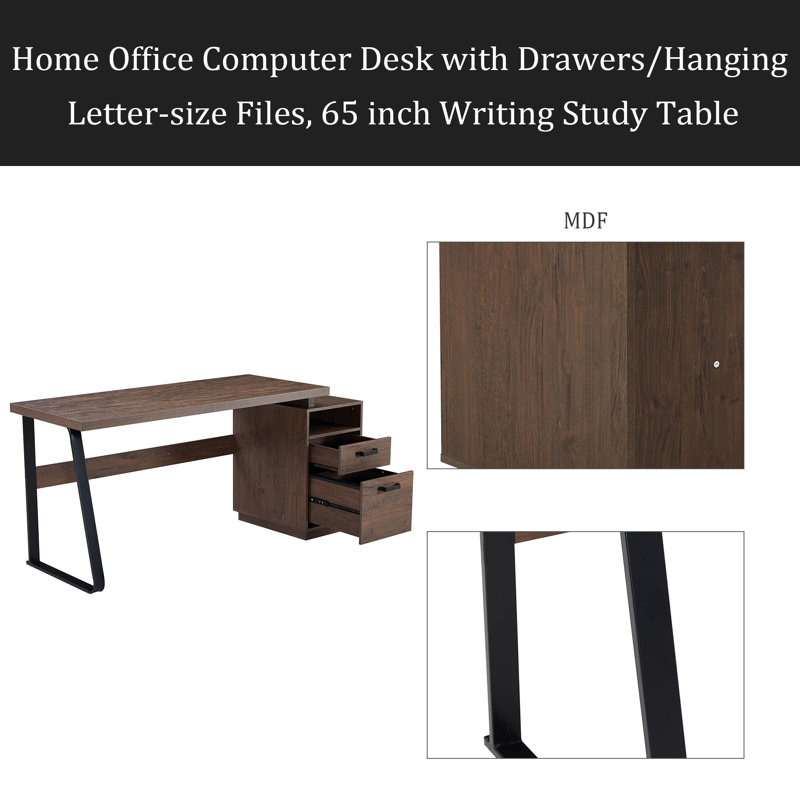 Bureau d'ordinateur à domicile avec tiroirs / dossiers suspendus de format lettre, table d'écriture avec tiroirs