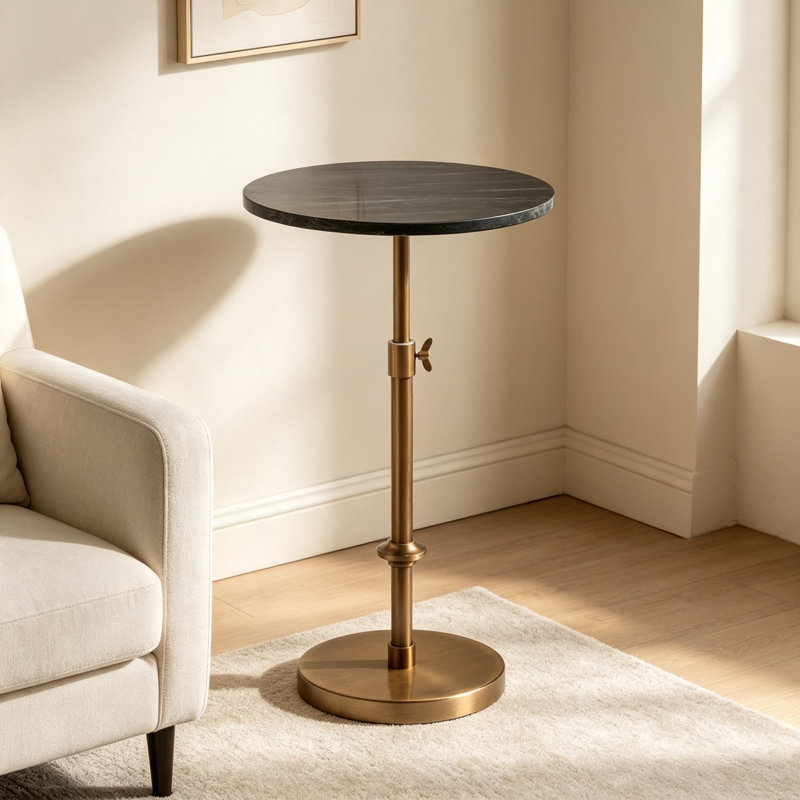 Table d'appoint à hauteur réglable avec plateau en marbre Authentes et finition en laiton antique, table de bout ronde vintage pour support à plante, salon, chambre à coucher et entrée