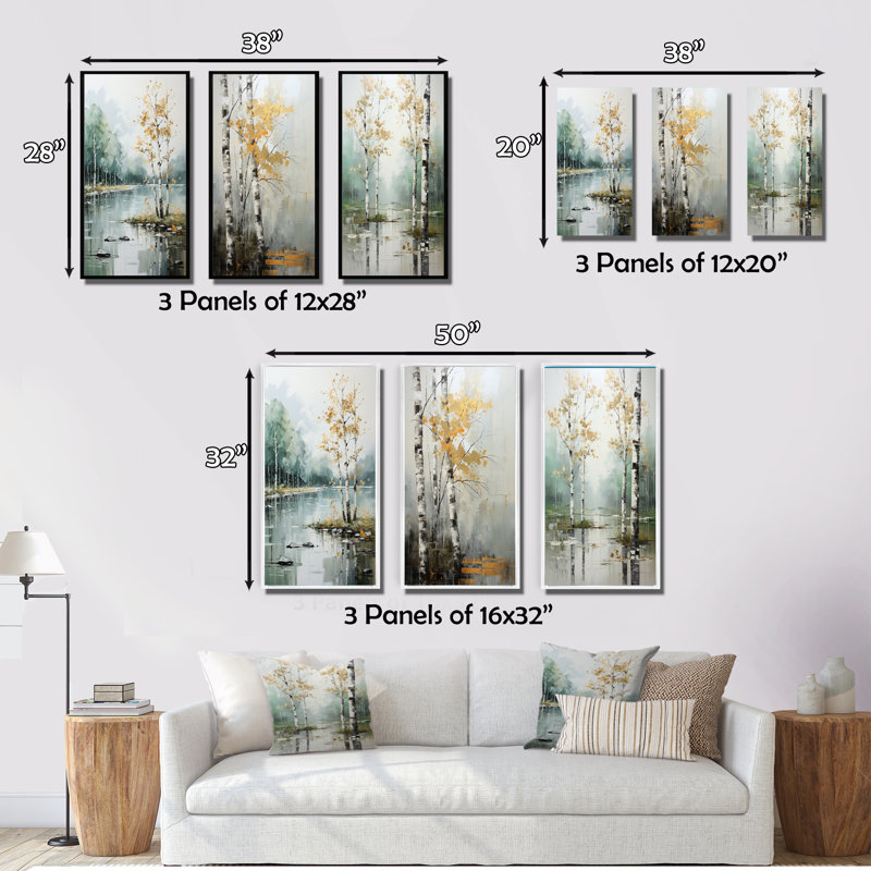 «Birch Woods Ethereal Elegance», 3 pièces, H 20 po x l 36 po, Cadre noir